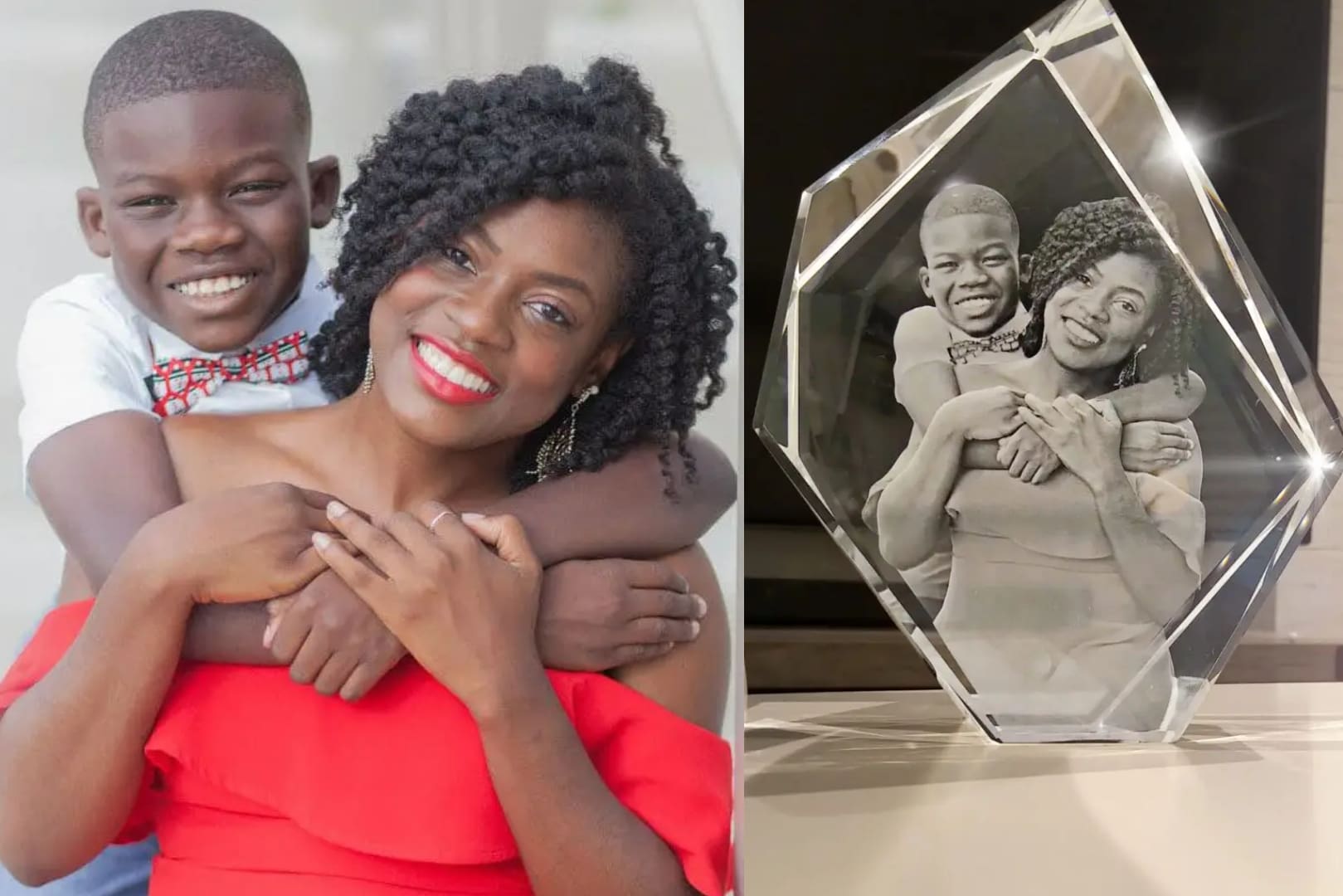 A joyful woman with two children and a custom engraved photo plaque.